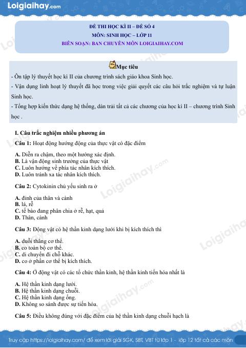 Đề thi học kì 2 Sinh 11 Cánh diều - Đề số 4